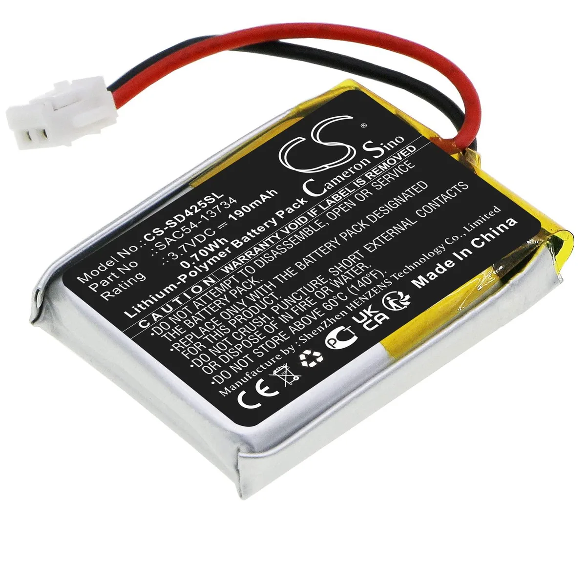 Small rectangular replacement battery with wire connector, black plastic casing, 190mAh 0.70Wh