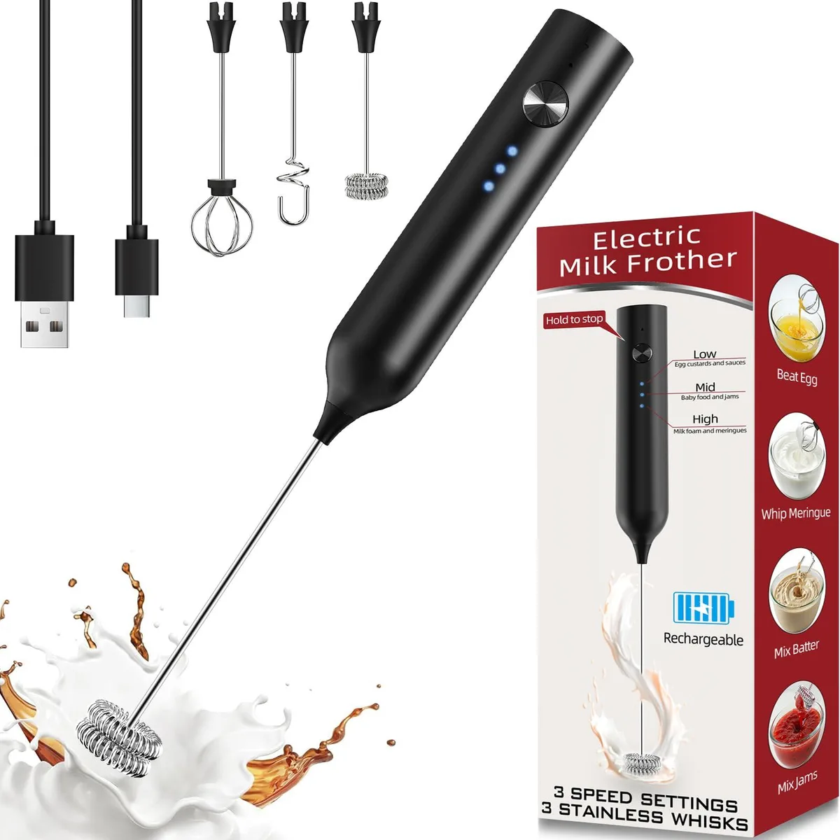  Brentwood SmartTrends Rechargeable Handheld Milk Frother 3 Speed 3 Whisks Black — product photo