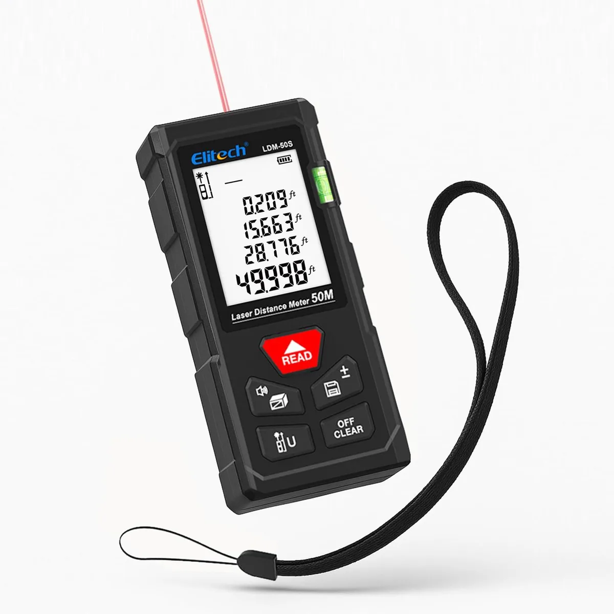 Blue handheld laser distance meter with bubble level and backlit display