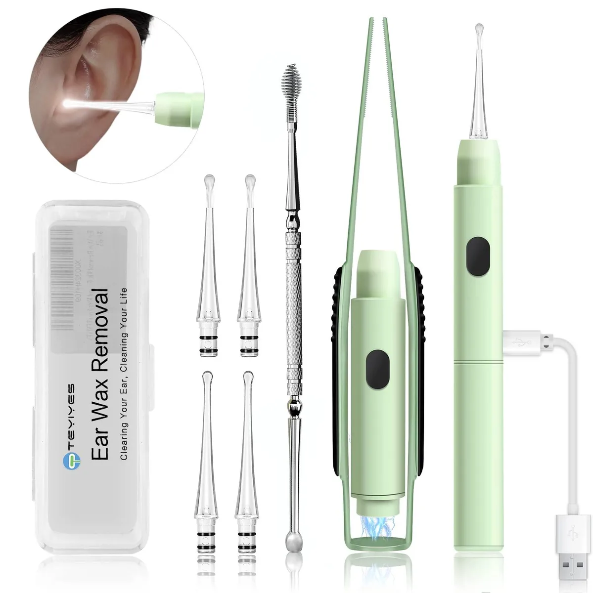 Green 7-piece ear cleaning kit with LED light, tweezers, spiral spoon and storage box