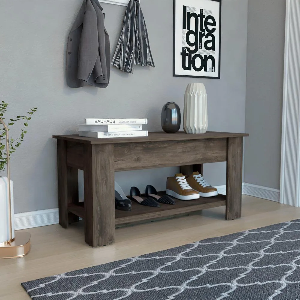 Light oak and dark brown storage table with liftable top and lower shelf