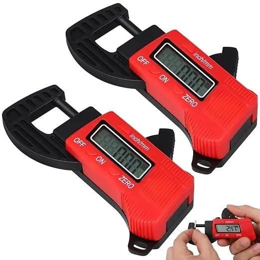 Pair of compact digital thickness gauges with LCD screens and measuring jaws