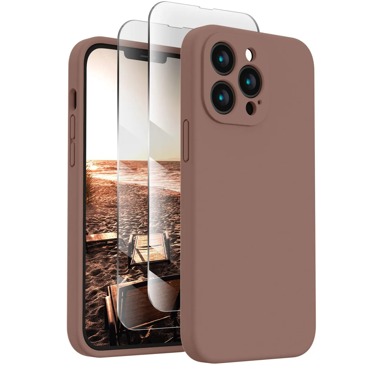 Light brown silicone iPhone 13 Pro case with built-in camera protector
