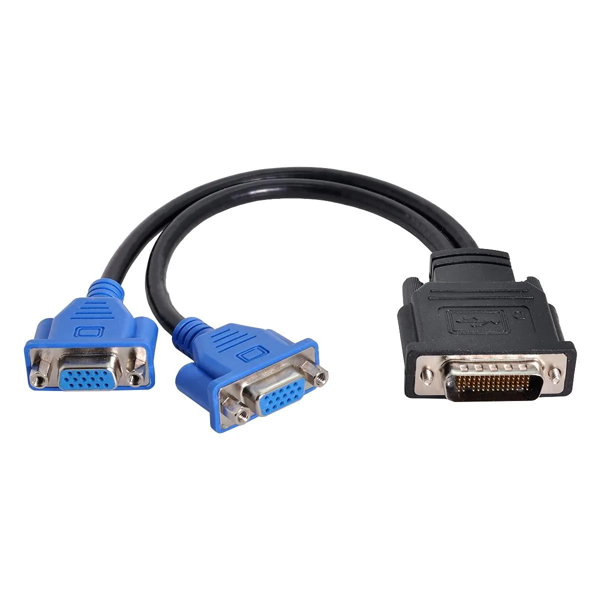 Black DMS-59 male plug splitting to two VGA female sockets, short round cable