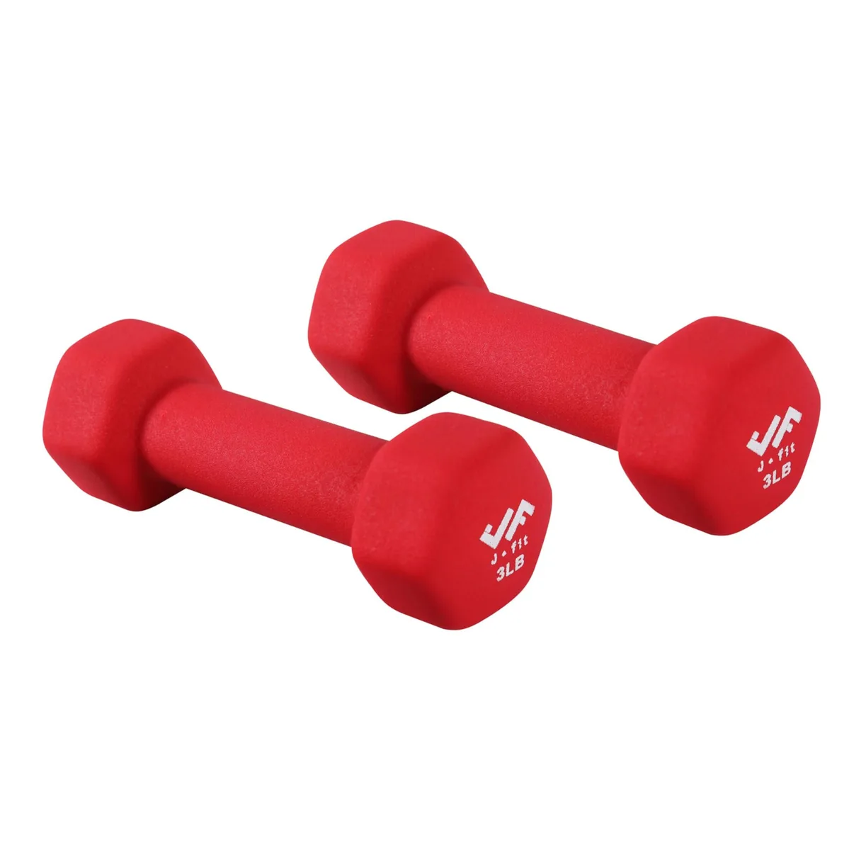 Pair of 3 lb hex dumbbells with grey neoprene coating