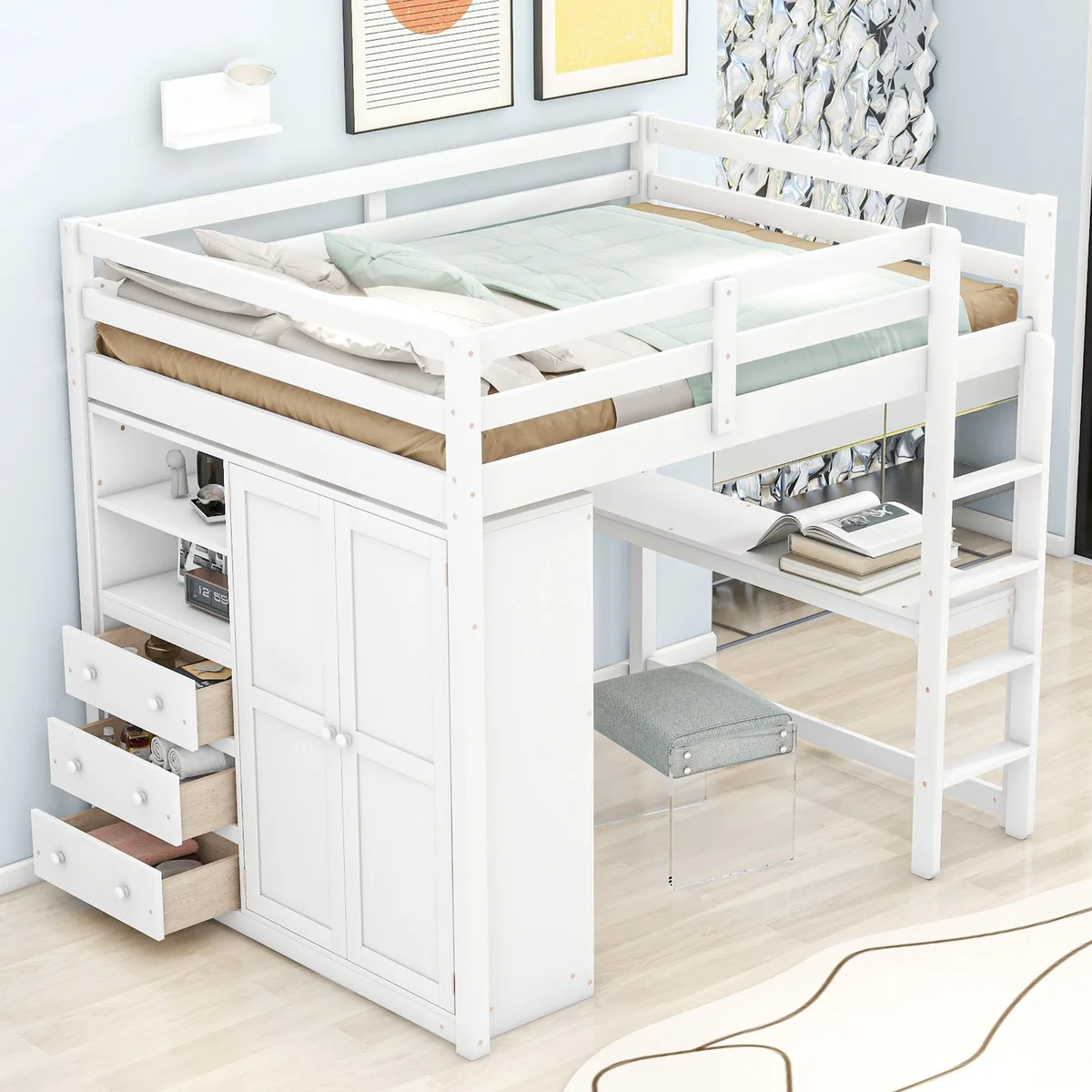 tuphen tuphen Wood Full Size Loft Bed with Wardrobe Desk Shelves Drawers White — product photo