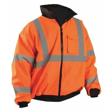 Orange high-visibility bomber jacket with packable hood and zipper front