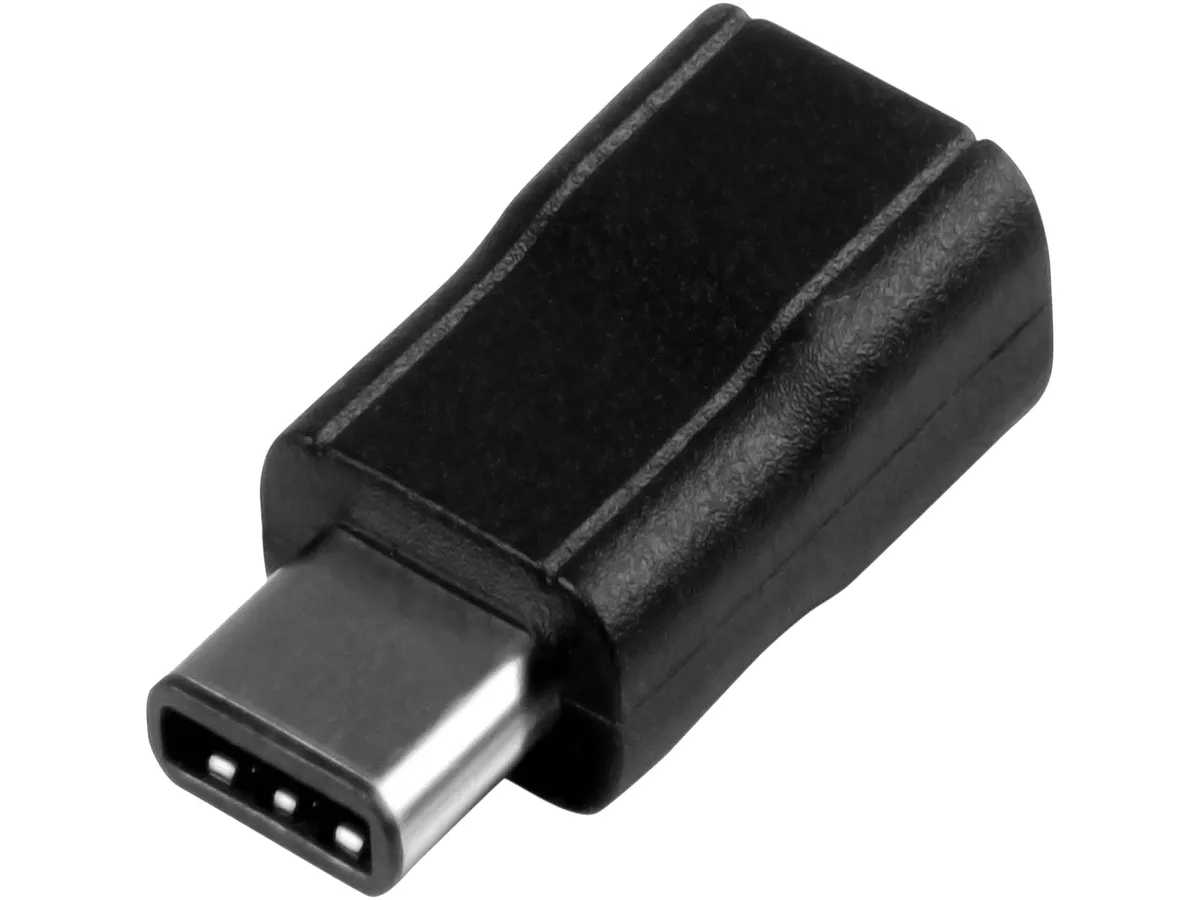 Small black USB-C male to Micro-USB female adapter