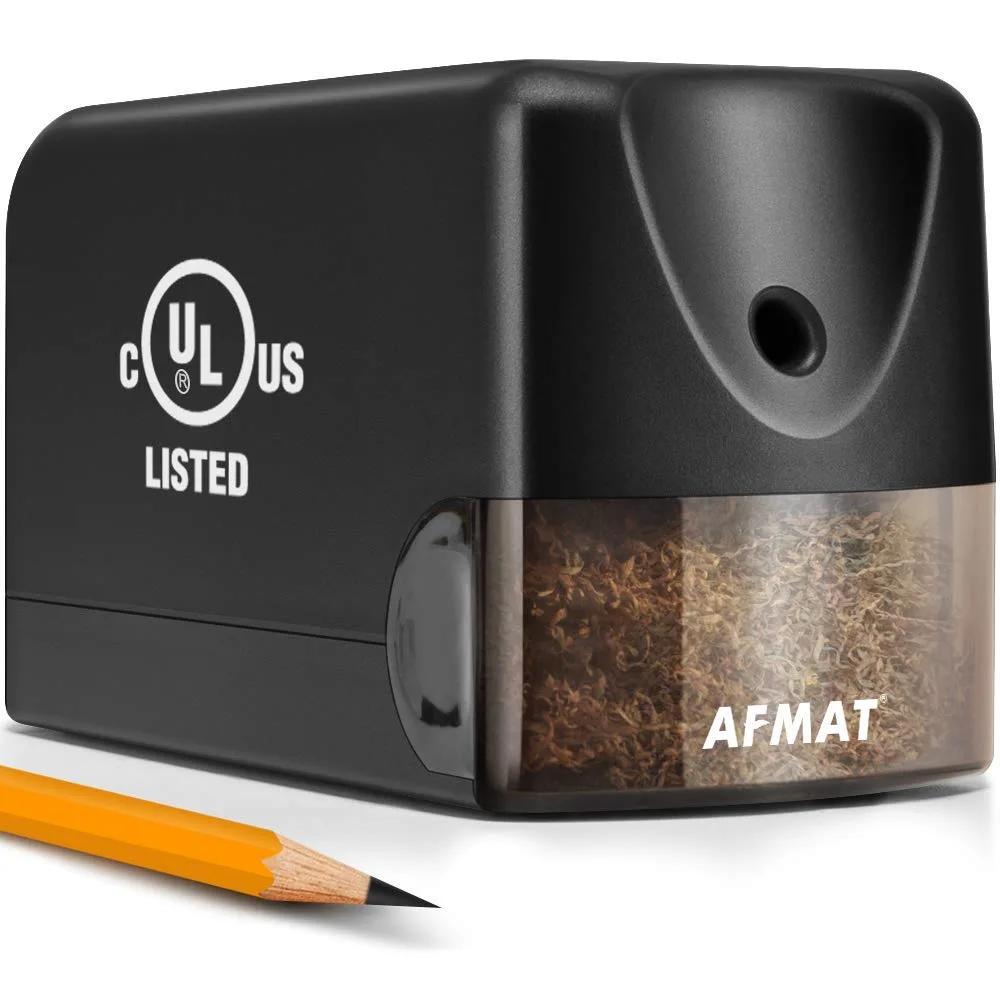 Black electric pencil sharpener with US plug, desktop form factor
