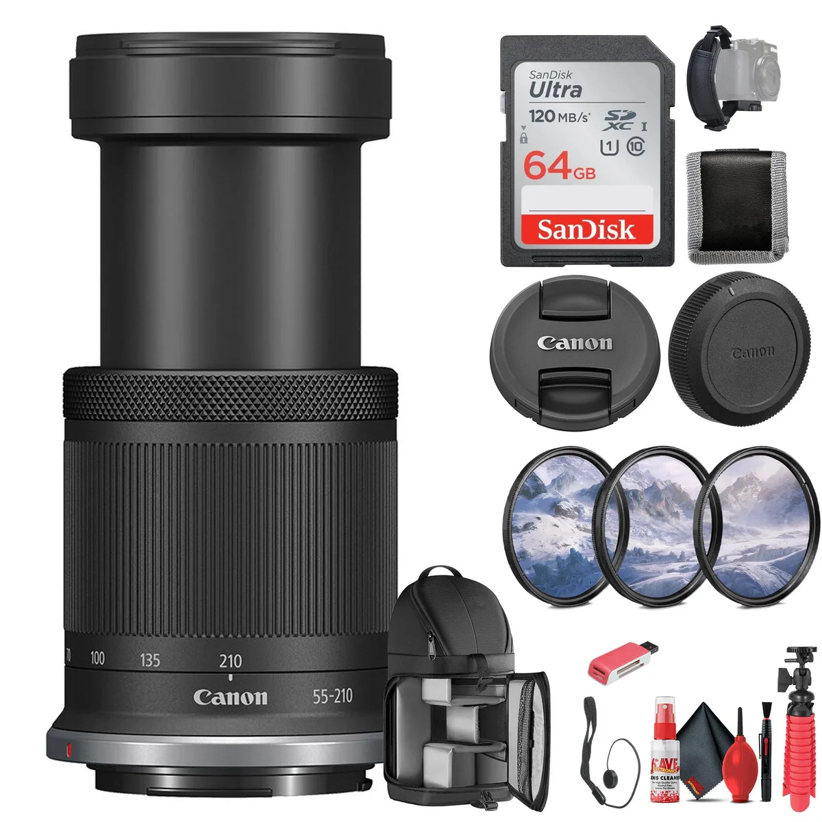 Canon Canon RF-S 55-210mm f/5-7.1 IS STM Lens Bundle with 64GB Card, Filters, Backpack, Tripod &amp; Accessories — product photo