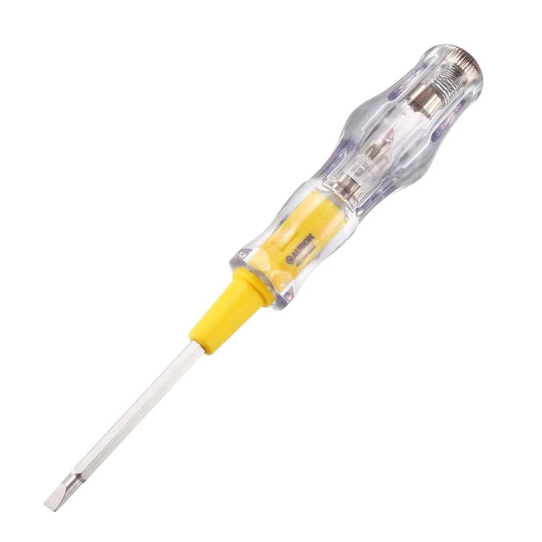 Yellow and clear voltage tester pen with 3.5mm screwdriver tip 151mm long