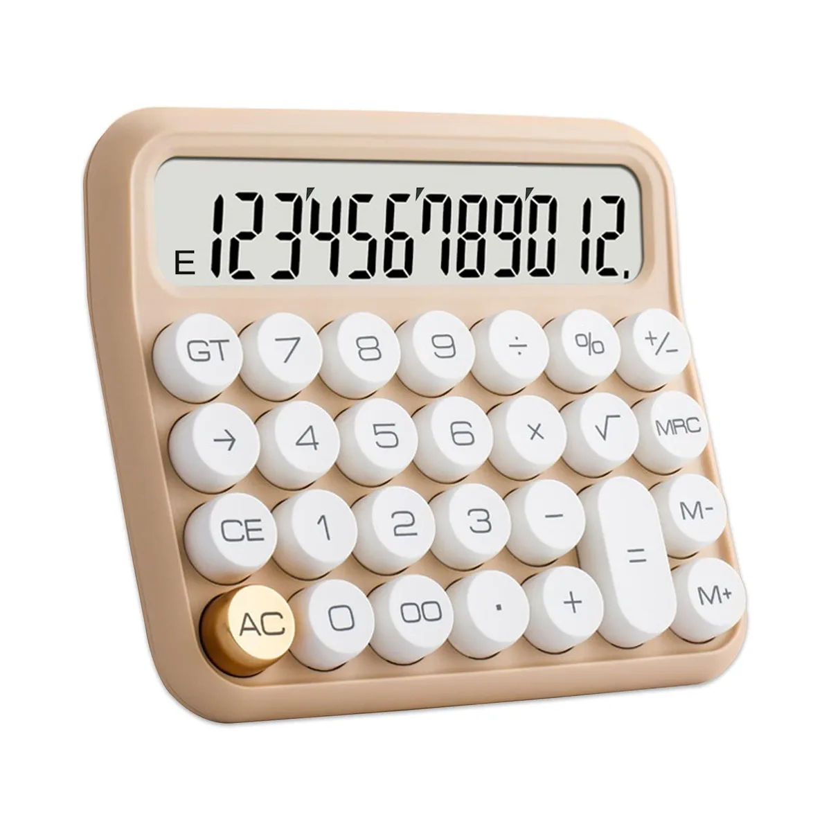 Beige and pink desktop calculator with 12-digit tilted LCD and large round keys