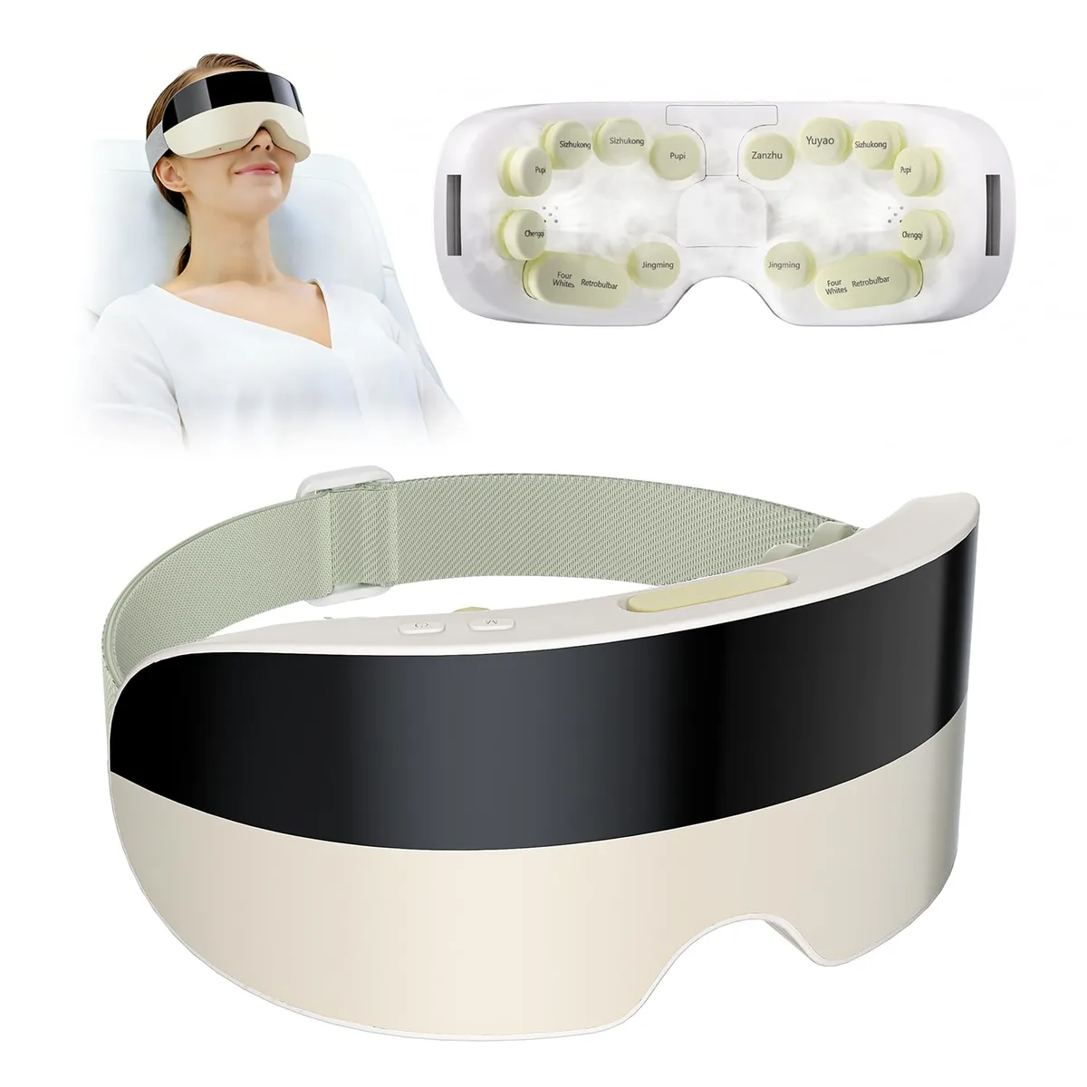 Blue eye massager with white accents, curved mask shape, adjustable strap, lightweight plastic and silicone build