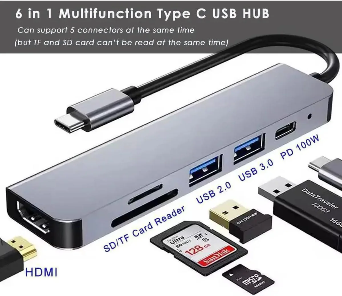 Vszerda Vszerda 6-in-1 USB C Hub 4K HDMI 100W PD USB 3.0 USB 2.0 SD TF Card Reader — product photo