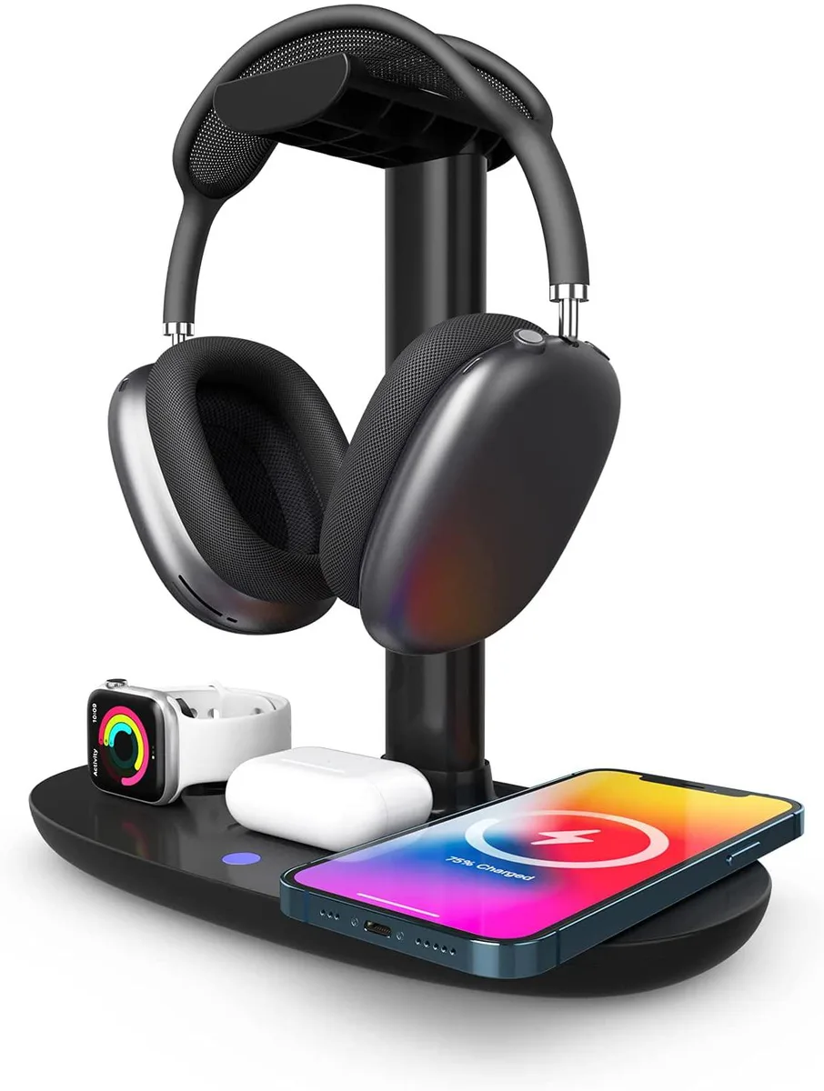Black headphone stand with wireless charging pad and watch dock