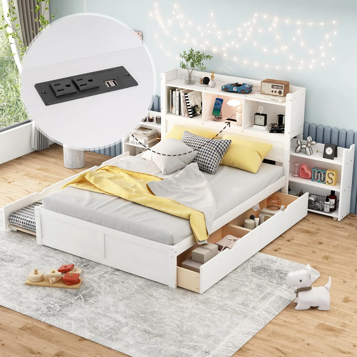 White full-size platform bed with headboard shelves, twin trundle and two drawers