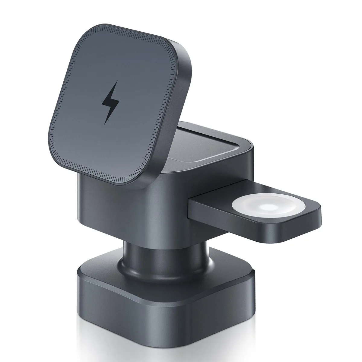 White three-device wireless charging stand with retractable night lamp and adjustable phone cradle