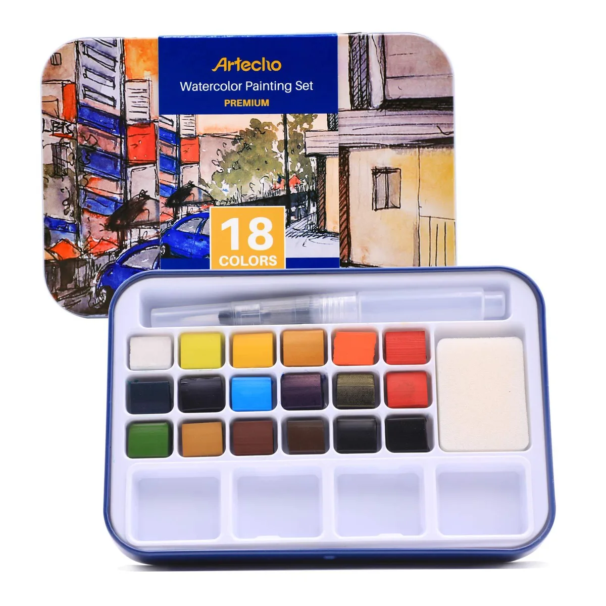  Artecho 18 Colors Watercolor Paint Set Tin Box Brush — product photo