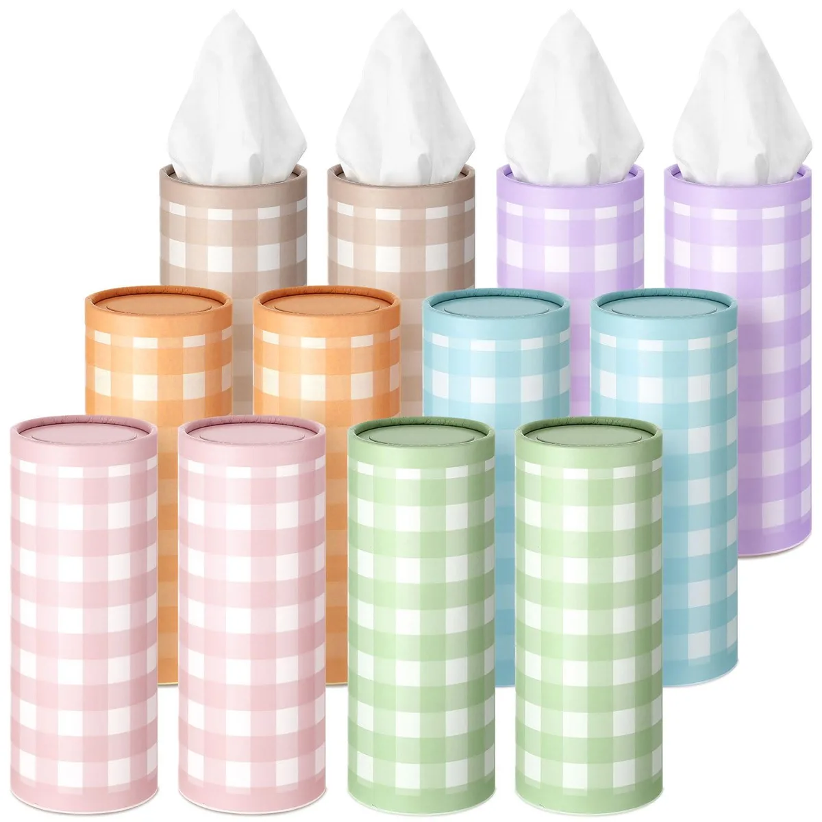 Twelve cylindrical paperboard tissue holders in multicolor plaid, each 6.3 by 2.7 inches, with 3-ply tissues inside