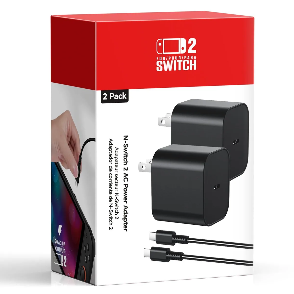  KOVA Switch 2 Charger 2-Pack 60W PD 3.0 5FT+10FT USB-C Cable — product photo