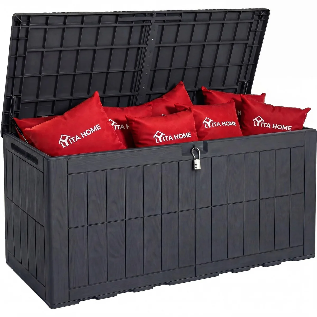 Dark gray resin deck box with hydraulic lid and lock, 52 inches long