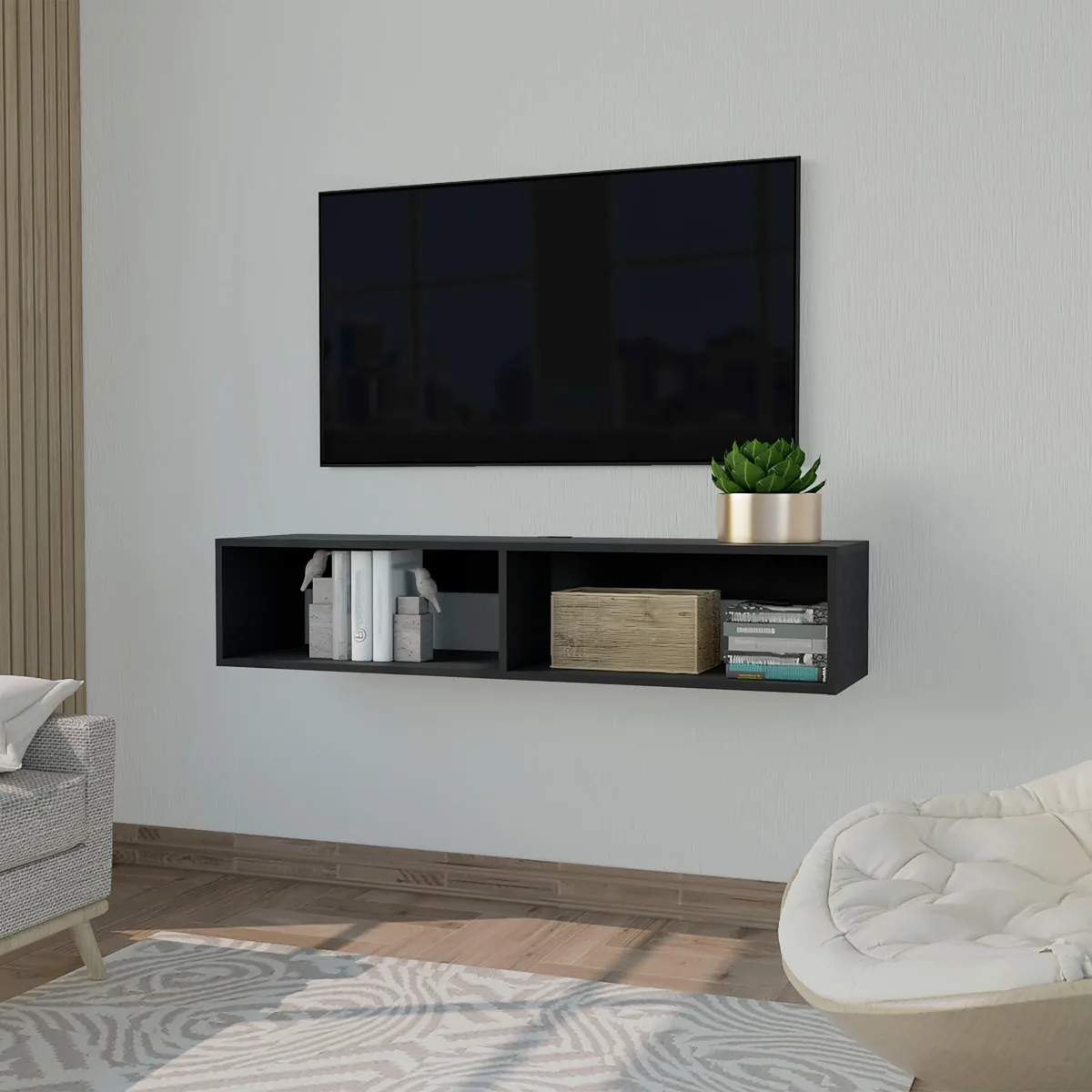 Black wooden TV stand, two open shelves, 47.6 by 12.6 inches, cable hole with cover