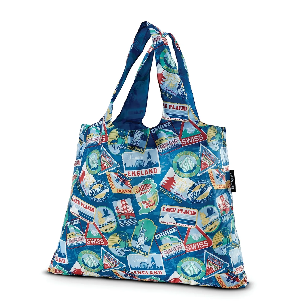 Beige polyester tote with leaf print folds into tiny pouch