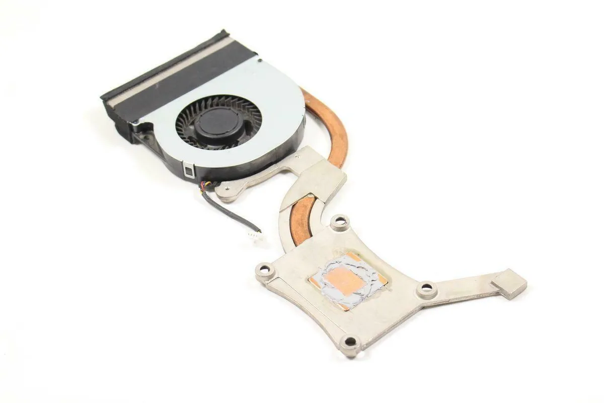 Dell Latitude E6420 laptop CPU fan and heatsink assembly, silver metal fins with black fan housing