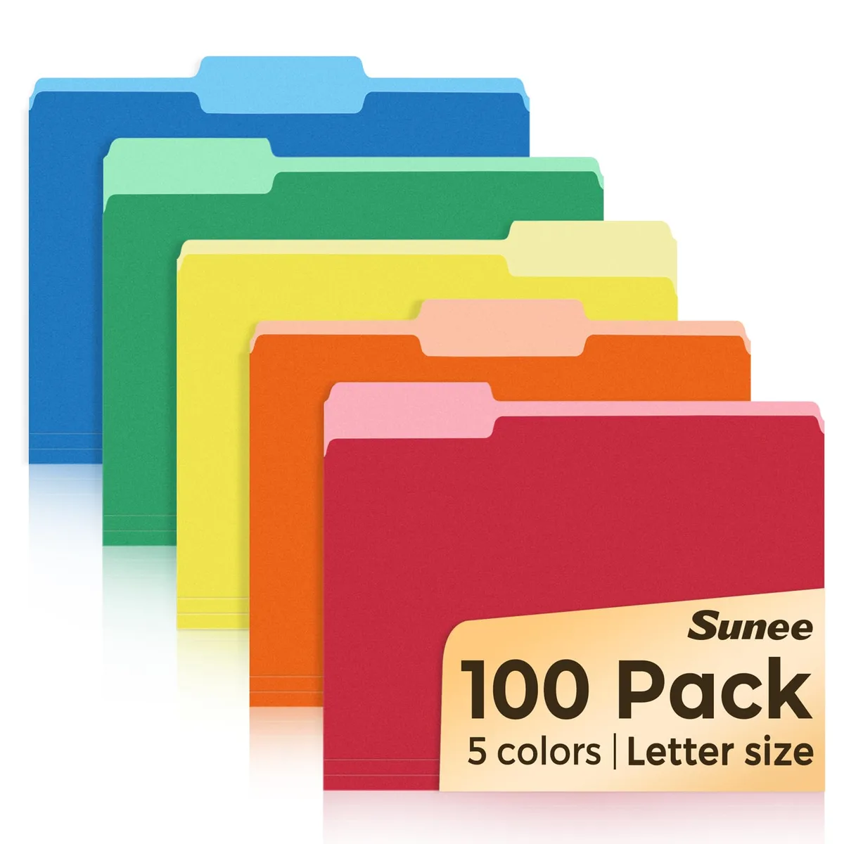 Stack of 100 letter-size manila folders with 1/3-cut tabs in assorted colors
