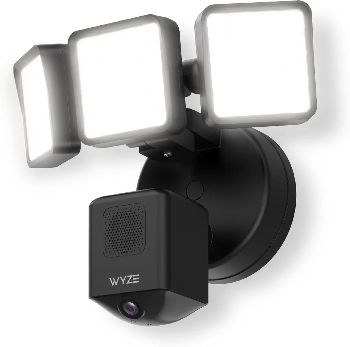 Rectangular floodlight camera with three adjustable LED panels and a central 180-degree lens