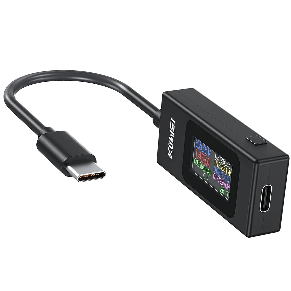Small rectangular USB-C tester with colour screen and 14cm cable