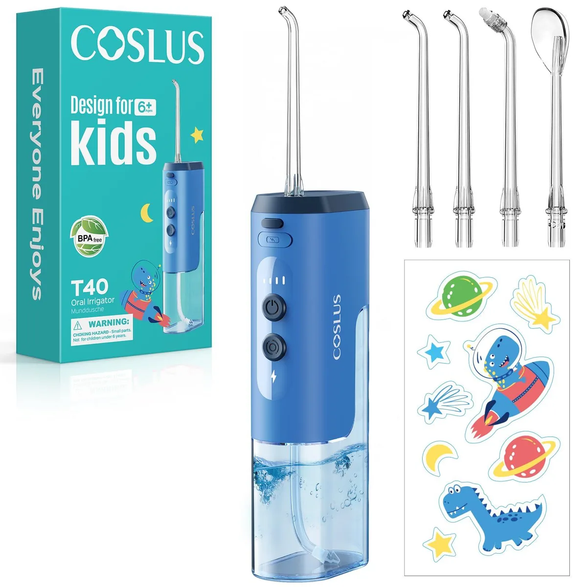 Blue handheld water flosser with white accents, 180ml tank, four storable nozzles, IPX7 waterproof, USB-C rechargeable