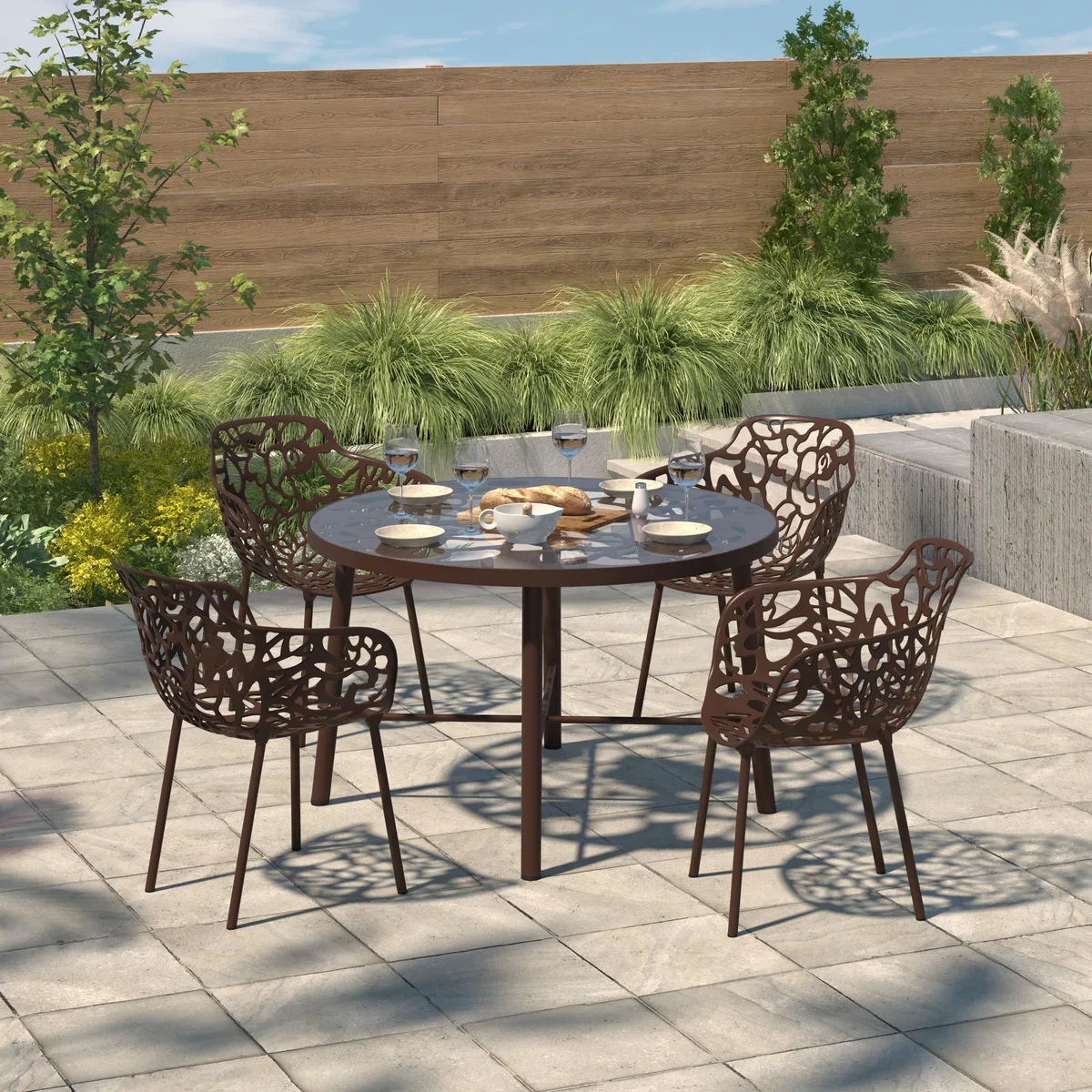 LeisureMod LeisureMod Devon Tree Design Glass Top Aluminum Dining Table Brown — product photo
