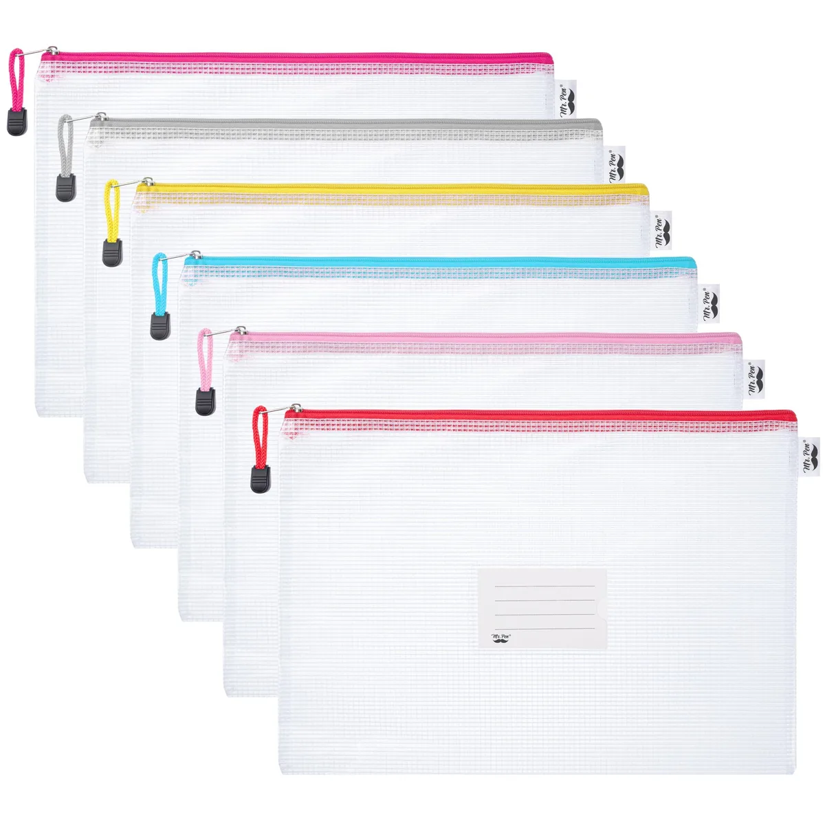 Six clear mesh A4 zipper pouches with coloured zippers and label pockets