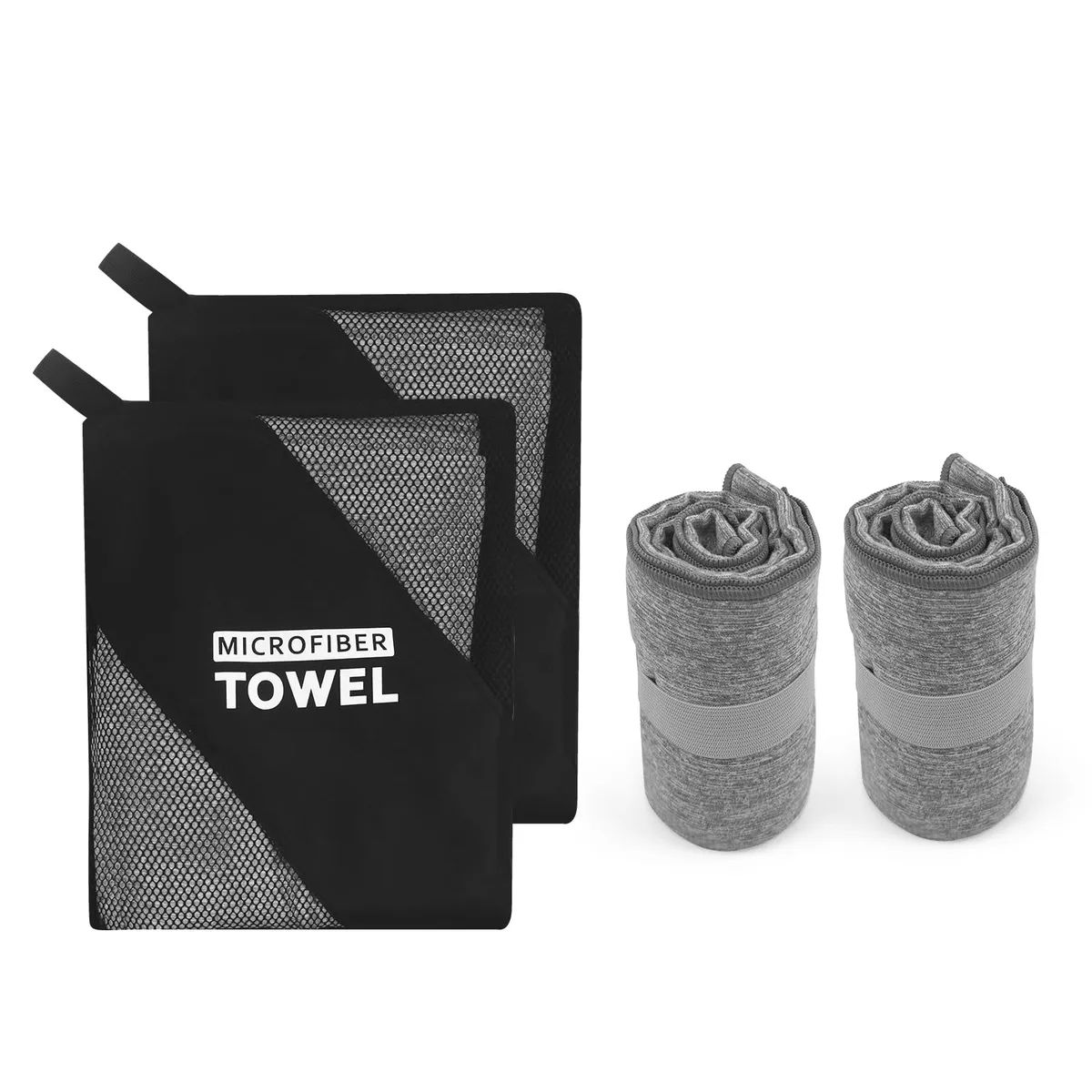 Two grey microfiber towels, 15.5 by 31 inches, thin and lightweight