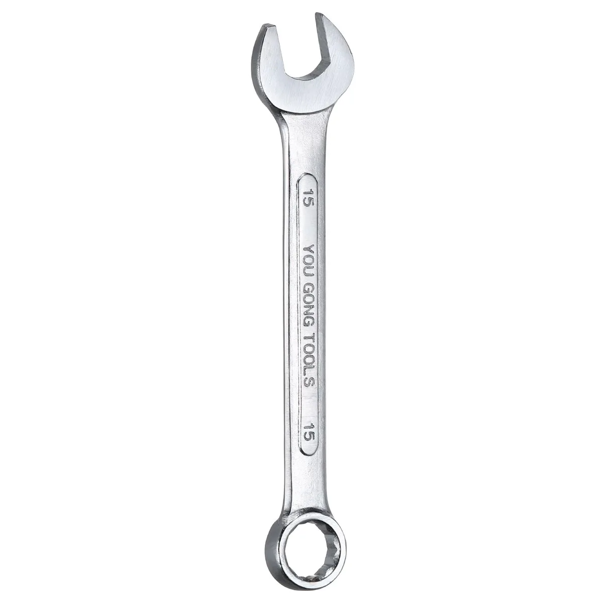 Silver chrome-plated 15 mm combination wrench with open end and offset 12-point box end