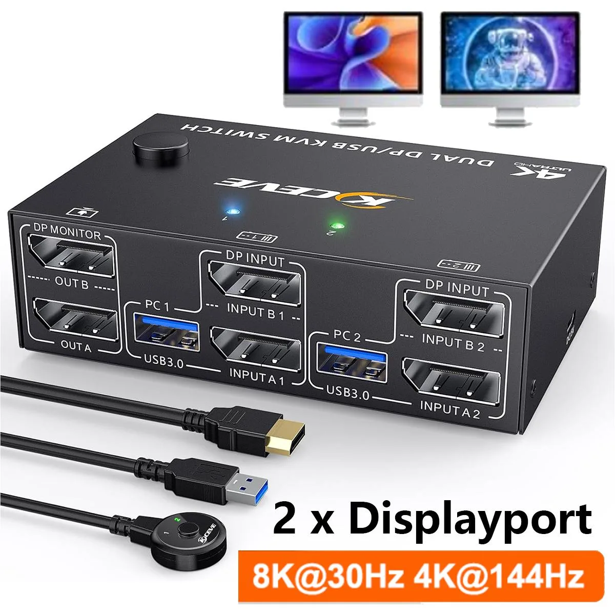 IHDAPP IHDAPP DisplayPort KVM Switch 2 Monitors 2 Computers 8K@30Hz 4K@144Hz USB 3.0 Wired Remote — product photo