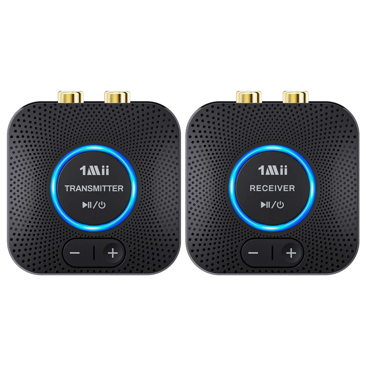 Two small black plastic boxes with 3.5mm and RCA ports, volume buttons, and a blue ring light