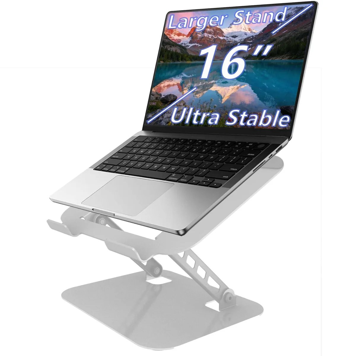 Black foldable metal laptop stand with hollow panel and wrench, tabletop form factor
