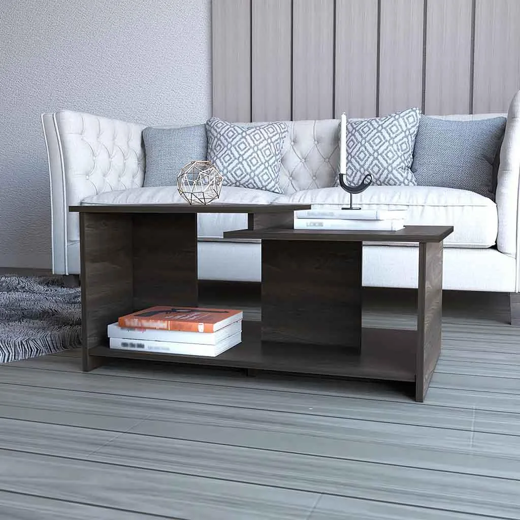Brown particle board coffee table with two tiered tops and open lower shelf