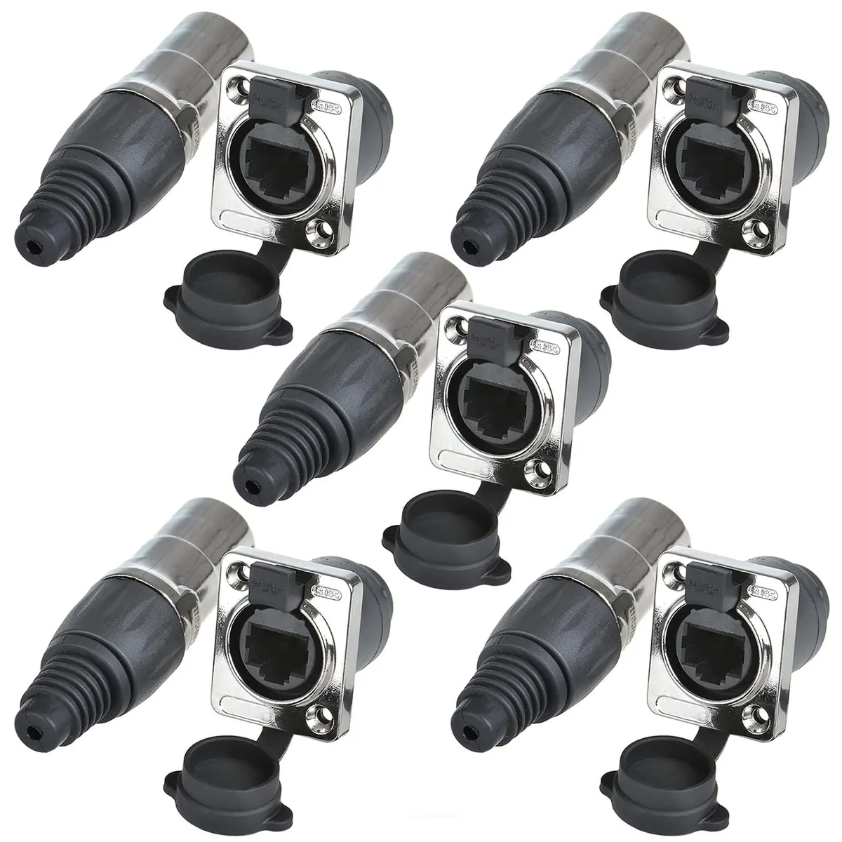 Five black RJ45 panel-mount couplers with round IP65 dust caps