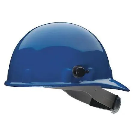 Blue thermoplastic hard hat with front brim and eight-point swing ratchet suspension