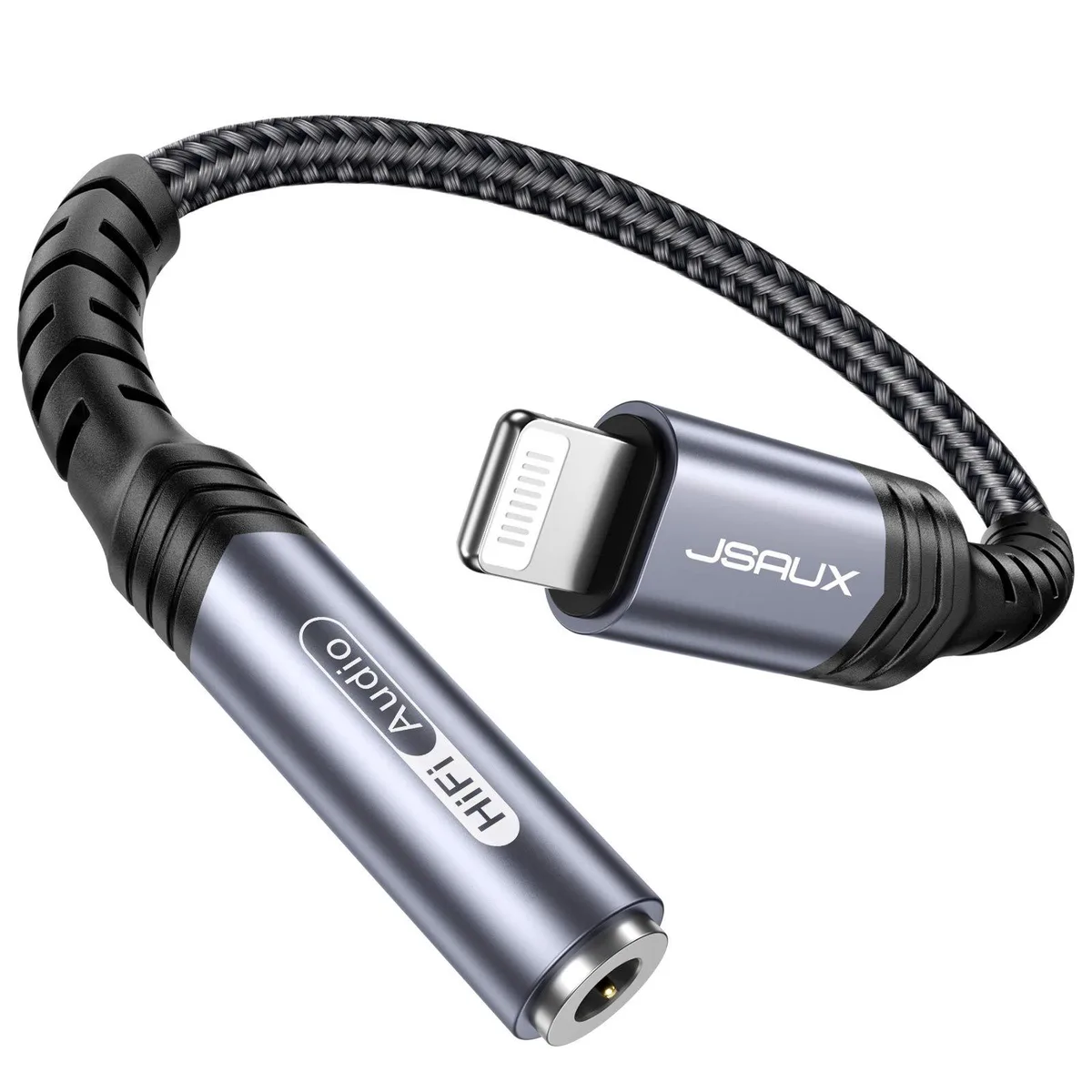 Grey Lightning to 3.5mm audio adapter with braided cable and aluminium housing