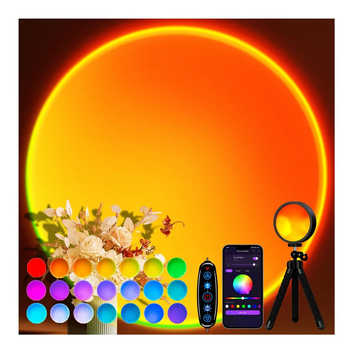 Compact sunset projector on tripod, matte white finish, rotatable head, USB cable attached