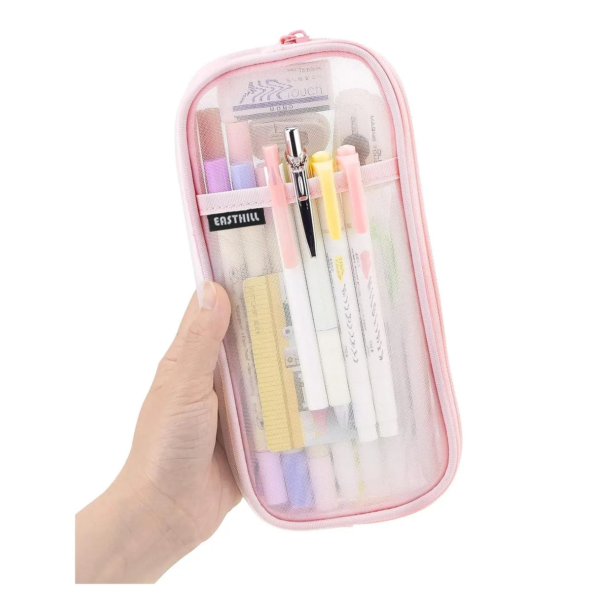 Pink transparent mesh pencil case with zipper, rectangular shape, lightweight at 1.76 ounces