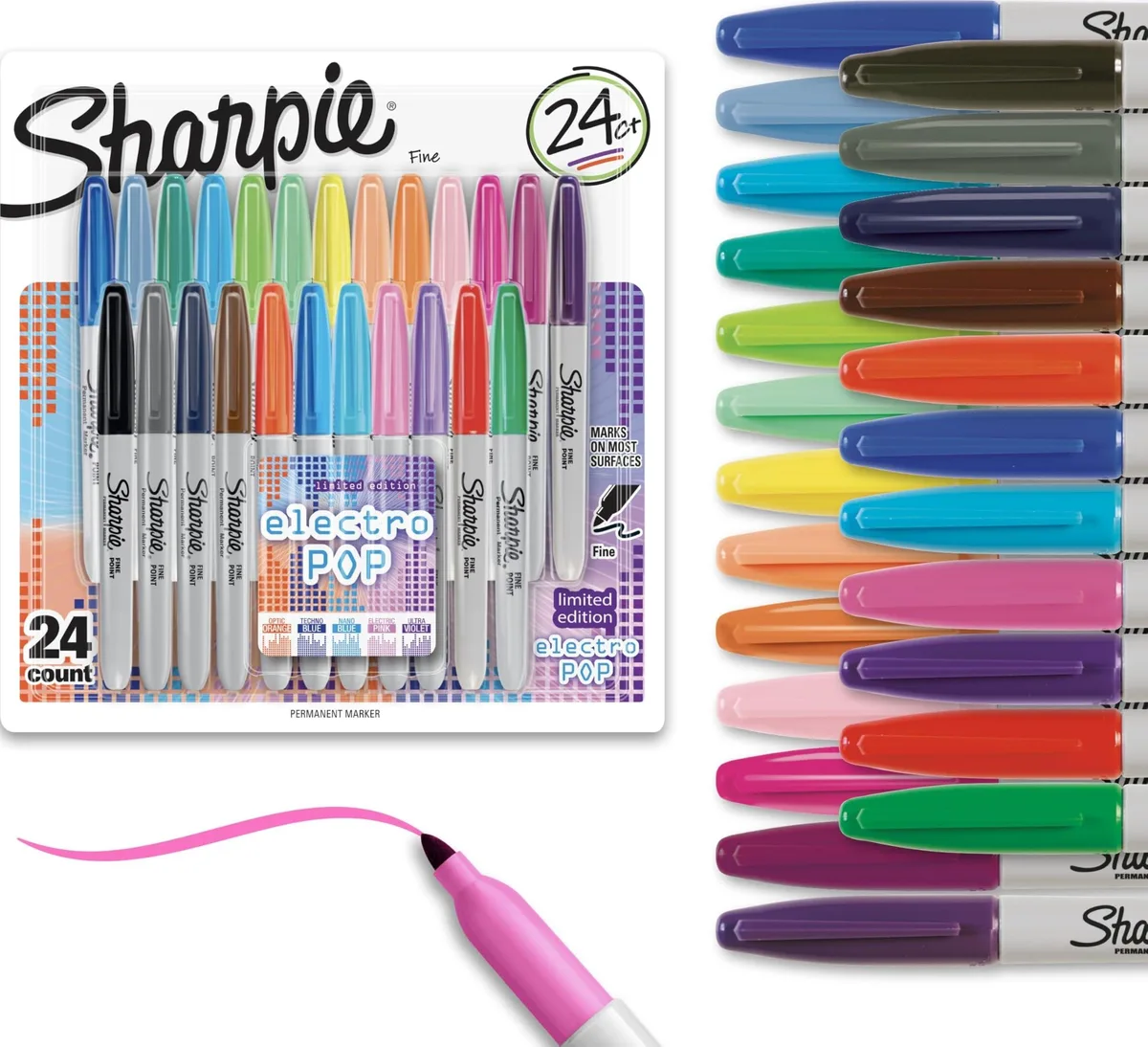 Box of 24 fine-tip permanent markers in bright assorted colours