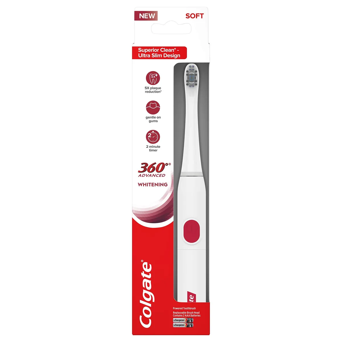 White plastic battery sonic toothbrush with soft bristles and replaceable head
