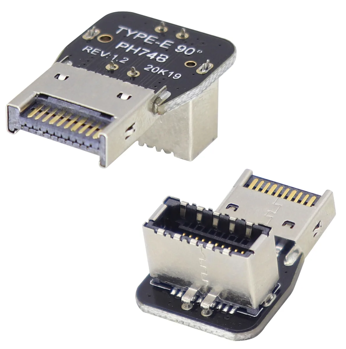Two small black right-angle USB Type-E adapters, plastic and metal, 2.2 by 1.5 by 1 cm