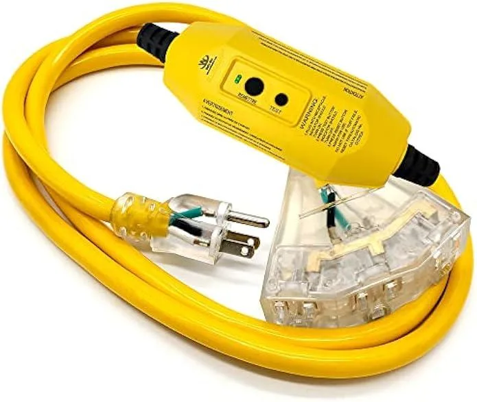 TAURKENAM TAURKENAM 12/3 GFCI 12-Gauge 6 ft 3-Outlet SJTW Yellow Extension Cord power adapter — product photo