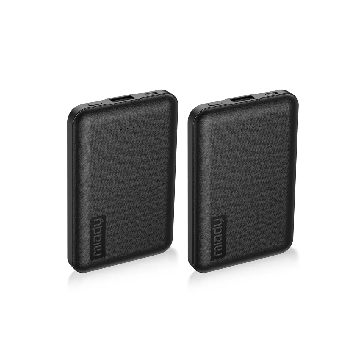 Two slim rectangular power banks in deep black and black finish, each about the size of a credit card
